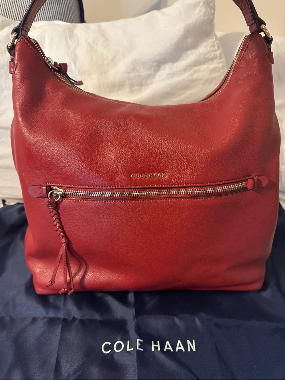 Cole Haan Red Leather Shoulder Hobo with Braided Tassel
